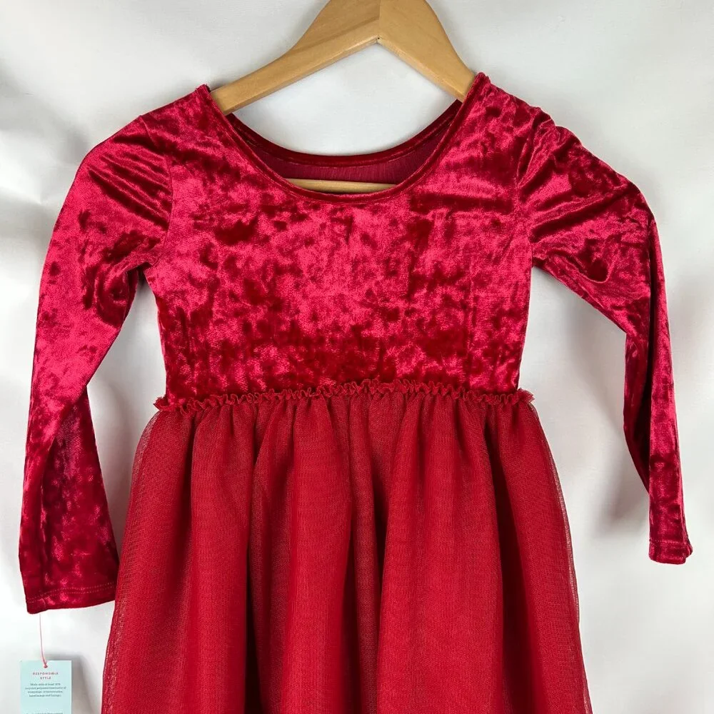 Long Sleeve Velour Tulle Red Velvet Girl's Holiday Dress-Cat & Jack XS
